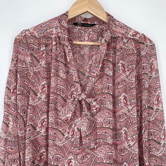 ZARA Paisley Metallic Neck Bow Pussybow Blouse, Pink - Picture 6 of 9